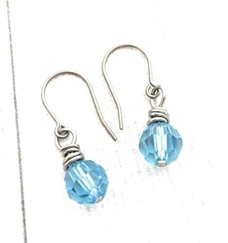 Wire Wrapped Earrings, Aqua Round Swarovski Crystal Element, Titanium Earwire