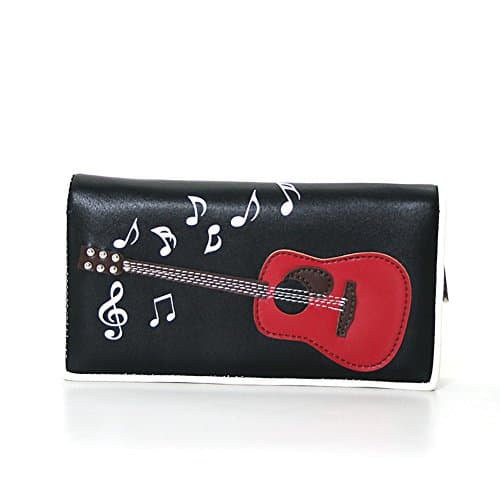 Red Guitar and Musical Notes on Black Bi-Fold Wallet