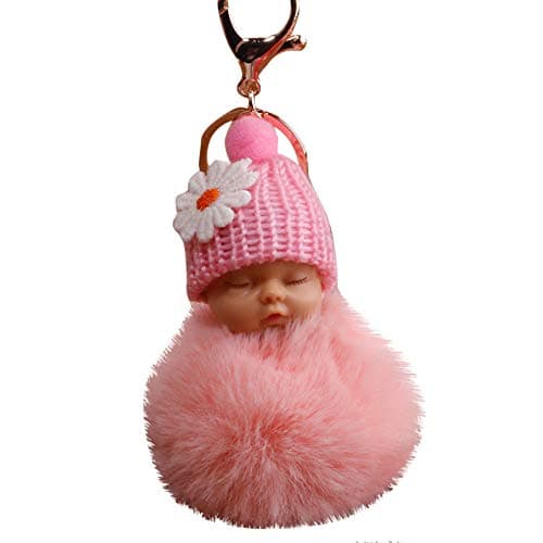 FEDULK Cute Fur Fluffy PomPom Sleeping Baby Doll Key Chains Keyrings Charm Novelty Pendant