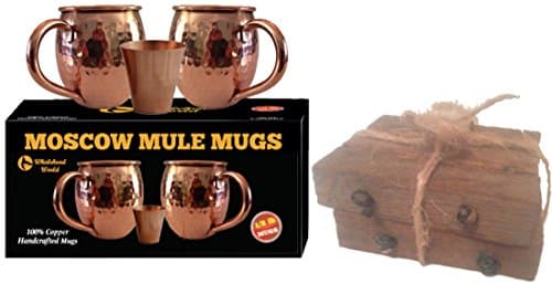 Moscow Mule Copper Mugs - Each Mug weighs 1/2 Pound - 100 % Solid Copper Mugs - Hammered Finish - Set of 2 - 16oz - Bonus Shot Glass! – Two Bonus Tobacco Stick Costers!