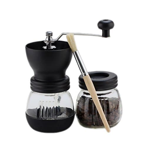 Narata Manual Ceramic Core Coffee Grinder with Extra Glass Sealed Cans &amp; Hand Crank &amp; Brush, Glass Body and Heavy Duty Steel Adjustable for Coarse to Fine Grind, Black