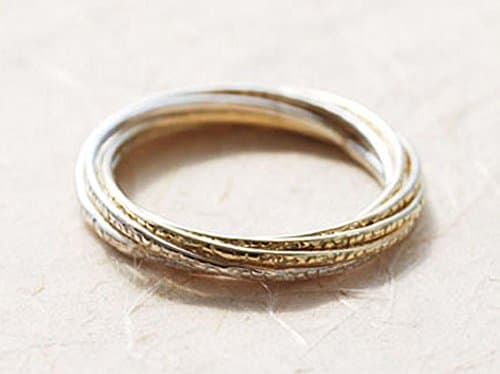 Russian Wedding Ring, Handmade Textured Two Tones Mix Metals Solid 14K Gold Sterling Silver Rolling Interlocked Ring For Women