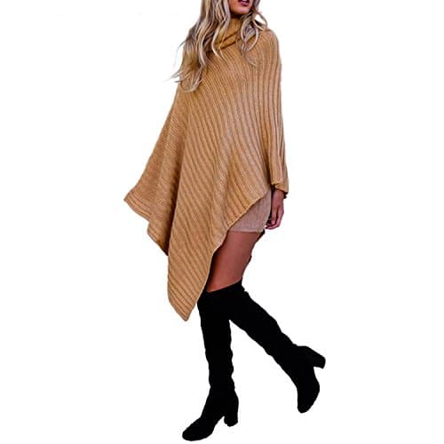 Women's Chic Turtleneck Soft Casual Knitted Poncho Pullovers Sweater (Yellow)