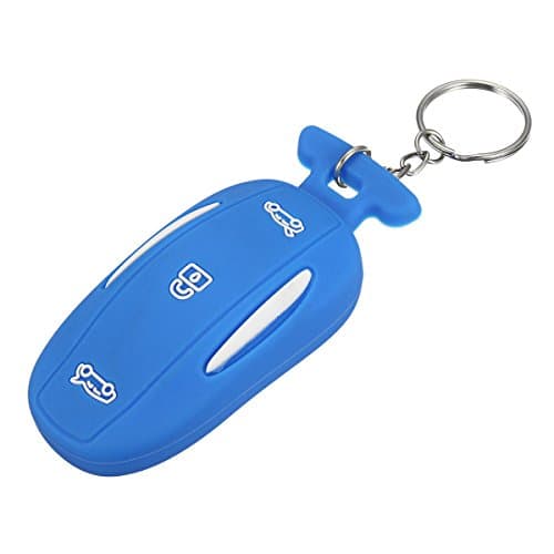 GOZAR 3 Button Silicone Smart Remote Key Cover Fob Case Key Holder With Key Chain Fits For Tesla Model X-Blue