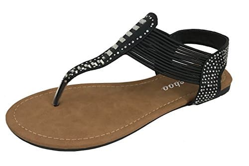 W Collection Womens T-Strap Thong Ankle Strap Flat Summer Gladiator Rhinestone Sandals