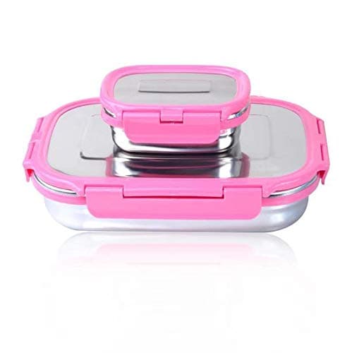 2 in 1 Flat Lunch Box Set (Pink Colorful Lunch Box)– Locking Lunch Box for Kids or Adults –Perfect Sleek Office Lunch Box – Plastic Free & Leak Proof Lunch Box, Food-Grade Stainless Steel