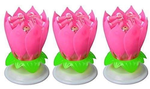 3pcs pack Cake Topper Musical Birthday Candles Two Layers Rotating Lotus Flower Decoration Light Candle Blossom Different Colors (Pink)