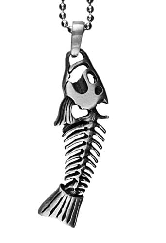 Fish Bone Skeleton Pewter Pendant +24" Ball Chain Necklace