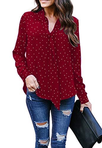 Women's Casual Polka Dot Roll Tab Long Sleeve Blouse
