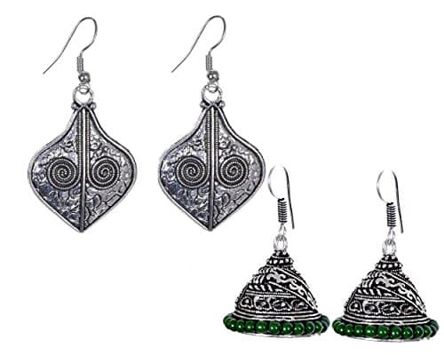 Ardour Set of 2 Pair Drop Dangle Hanging Oxidised Silver Handmade Jhumka Jhumki Fashion Earrings Jewellery For Her, Girl, Women, Mother, Sister, Girlfriend, Party &amp; Daily Wear with Free Gift Box