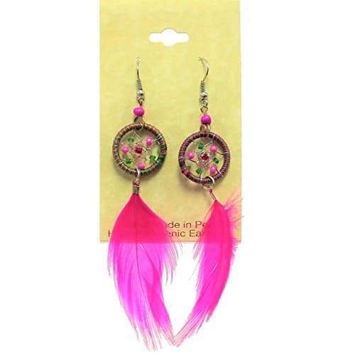 Peruvian Earrings - Dream Catcher Feather - Hand Crafted (Feather: 2" - 2 1/2") (Hot Pink)