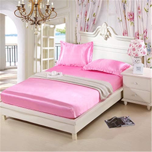 1Pc Home Textile Pink Satin Soft Silk Bed Sheet Set Solid Bedding Fitted Sheet Luxury Satin Silk Fitted Sheet Pink 120x200CM