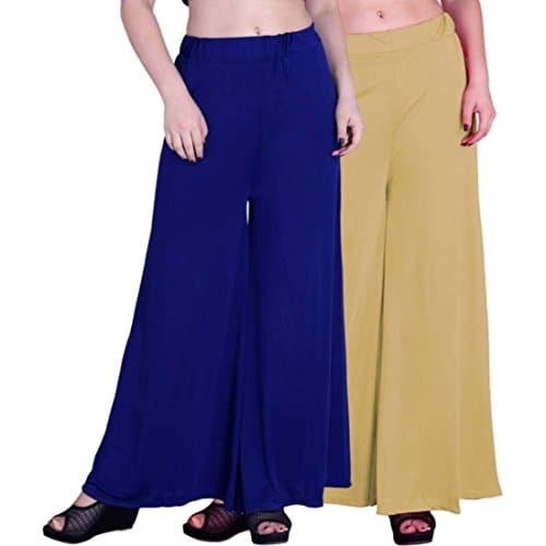 OOPLI :Palazzo Pack-2 Elastic Waist Wide Leg Flared Soft Malai Lycra Palazzo Pants for Women's(Royal Blue,Skin)-Free Size