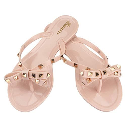 Womens Rivets Bowtie Flip Flops Jelly Thong Sandal Rubber Flat Summer Beach Rain Shoes Pink Beige