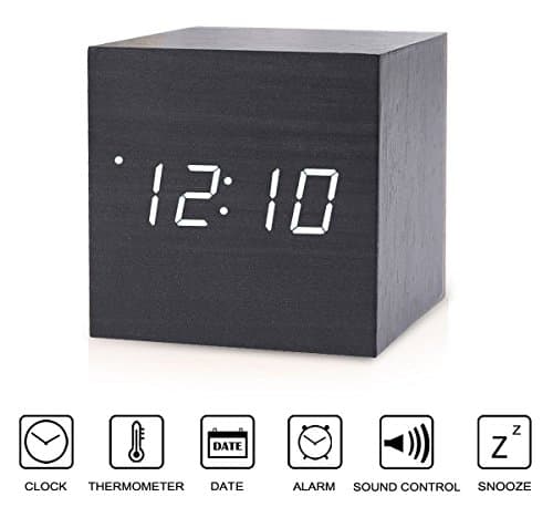 Copoluck Wooden Cube Digital LED Alarm Clock Sound Control Small Square Desk Clock Date Time and Temperature Displaying, Bedside Click Clock for Home Office Kids (White Light)