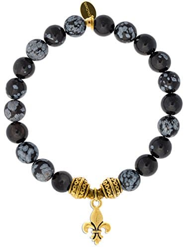EvaDane Natural Snowflake Obsidian Gemstone Tibetan Bead Fleur de Lis Charm Stretch Bracelet - Size 9 Inch ( 1_SOB_G_T_FLE_9)