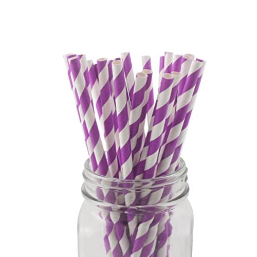 SSORA Paper Drinking Straws Disposable Biodegradable Purple Striped Pack of 100 for Wedding Decorations Supplies