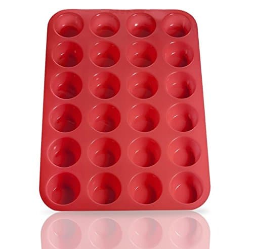 Red 24 Cup Silicone Mini Muffin Cupcake Baking Pan, Non Stick, Easy To Clean, Oven / Microwave / Dishwasher / Freezer safe, Heat Resistant Up To 450F