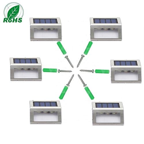 [Upgraded 3 LED Bulbs ] F-TECK Solar Powered Wireless Staircase Step Light - Outdoor Garden Stainless Steel Waterproof Deck Lamp Auto Dusk to Dawn - White Light 6 Pack