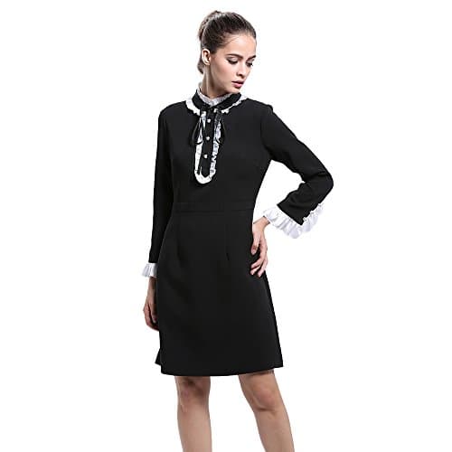 2017 Early Spring Fashion Vintaqge Black Patchwork Stand Collar Long Sleeves Buttons Belt Empire Cultivate Women Mini Dress (10)