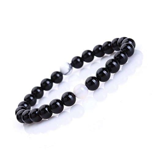 Unisex 8mm Agate Black Onyx Opalite Cat Eye Stone Beaded Bracelet, Healing Energy Balance Beads, black,7"