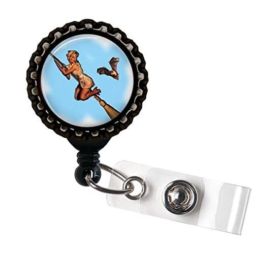 Pinup Bat Witch Name Badge Holder Retractable Reel Bottle cap