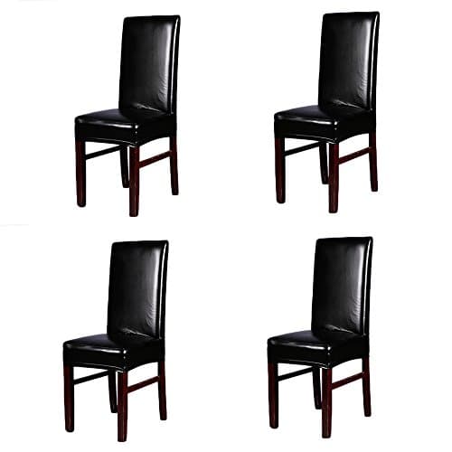 Dining Chair Covers , Solid Color PU Leather Stretch Waterproof Chair Protector Covers For Dinging Living Room Chair (4, A)
