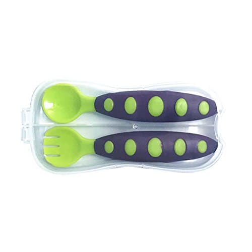 Amazemarket Infant Baby Toddler Utensils Flatware Tableware Early Learning Fork Spoon Combination Set Travel Case Perfect Size Kids Cutlery Self Feeding Boys Girls Eat Training (Green + box)