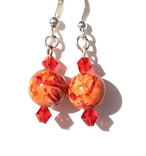 Orange and Red Painted Beads and Swarovski Crystals