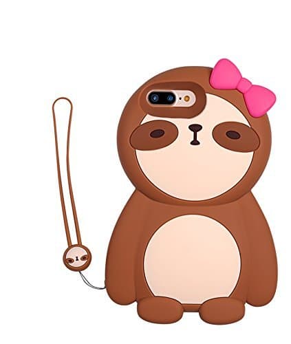 Soft Silicone Brown Sloth Case with Hand Strap for Apple iPhone 7Plus / 8Plus 3D Cartoon Pink Bow Ultra Thick Shock Proof Shockproof Protective Protection Cool Cute Lovely Gift Kids Teens Girls