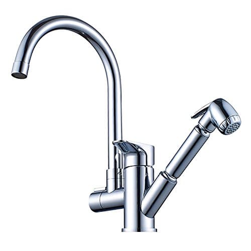 VAKO Stainless Steel Faucet with Spray Gun, Solid Brass Pull Out Spray Chrome Brass Kitchen Sink Faucet Mixer Tap Single Handle Two Swivel Spouts Tap