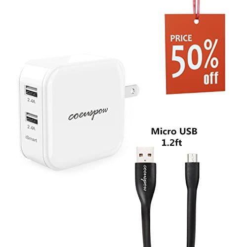 USB Wall Charger,Coeuspow 4.8A 24W Dual USB Portable Travel Wall Charger with Foldable Plug+Micro USB Cable Charging Cord for Samsung Galaxy/ HTC/ Google Andriod phone ,PDA (white)