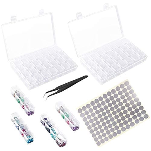 28 Grids Diamond Painting Box Nail ACCY Storage Case Diamond Embroidery Rhinestone Accessories Boxes Cross Stitch Containers for DIY Art Craft - Dividers Box Organizer + Tweezer + Label Marker Sticks