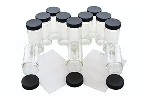 MT Dezign Glass Spice jars 12 bottles with Black Lids and 18 Shaker Tops with Blank Labels by MT Dezign