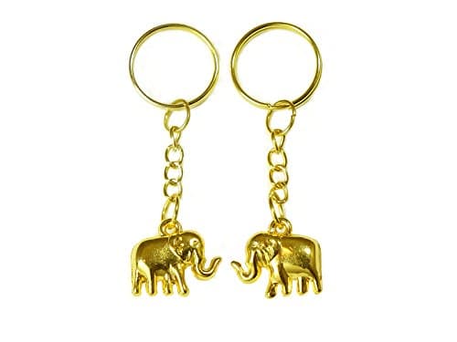 Asian Elephant Key Chains Rings Silver Figures 1"x0.3" Set 2 Pcs (Gold)