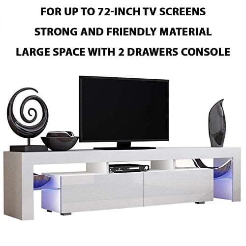 LVR Supply 63" TV Stand | Elegant High Gloss LED Light Glass Shelves | TV Cabinet Modern TV Table 2 Drawers Console | Durable Entertainment Center (White) for up to 72-inch TV Screens