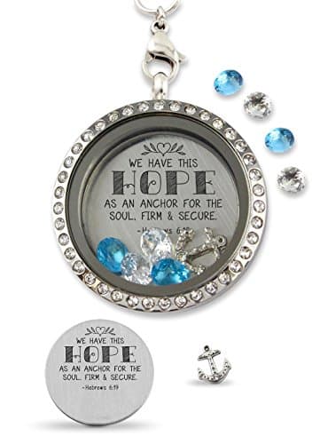 "We Have This Hope" Floating Charm Living Memory Locket Magnetic Closure 30mm Stainless Steel Pendant Necklace with Crystal Charms
