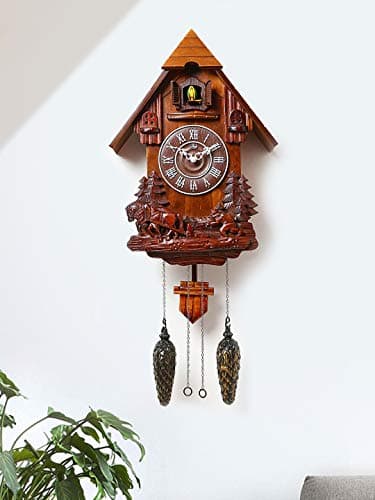 Horo (Imported) Brown Wooden Cuckoo Clock with Single Bird and Pendulum Hut Shape Auto Night Shut Off in Dark (Sensor)/Volume Control, Sound On-Off Switch 44x33x13cms (H/17.3" Inch)