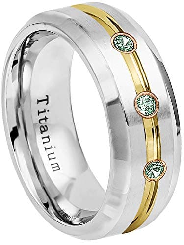 0.21ctw Alexandrite 3-Stone Titanium Ring - June Birthstone Ring - 8MM 2-Tone Yellow Gold IP Grooved Center Comfort Fit Classic Dome Titanium Wedding Band -