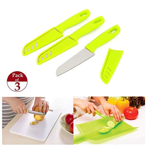VESZON® Stainless Steel with Plastic Handle Fruit and Vegetable Knife with Blade Cover 3 Piece Knives Set for Kitchen Meat Fish Vegetables Fruits Cutting Slicing (Color May Vary)