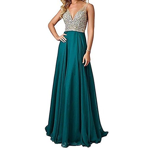 QSYE Women's Beaded Prom Dreeses Long V-Neck Chiffon Evening Gowns 2017 Teal,12
