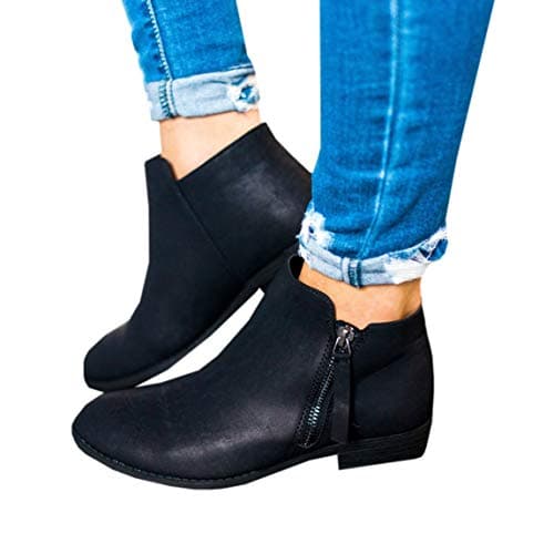 Ruanyu Womens Fall Ankle Boots Round Toe Low Stacked Heel Side Zipper Western Booties