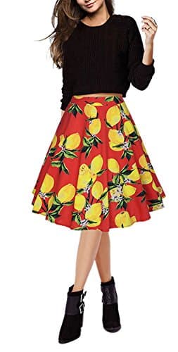 Women's Lemon Tree Print Pleated Midi Flared Skirts Red XL