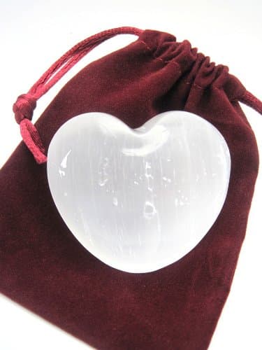 Selenite Heart with Burgundy Pouch