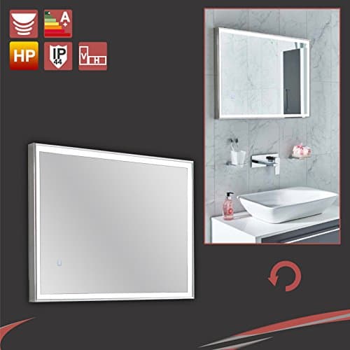 "Ares" Designer LED Back Lit Bathroom Mirror & Polished Stainless Frame - On/Off Sensor & Heat Demister- 750mm (w) x 550mm (h) x 50mm (d)