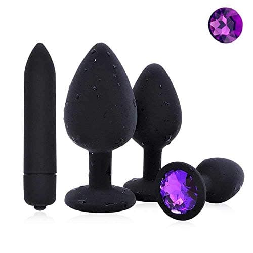 4Pcs Massage Tool Set - 3 B-u-t-t Pl'ugs with Vǐbr àtǐng - Beginner Starter Set - 100% Medical Grade Silicone (Purple9)