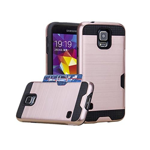 Galaxy S5 Case, Asstar [Stand Feature] Card Slot Case [Anti Scratch] Dual Layer Shockproof [Soft Rubber Bumper] Hybrid Protective Card Case for Samsung Galaxy S5 (Rose gold)
