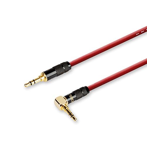 Oxygen Free Copper (OFC) 3.5mm Auxiliary Audio Cable, Jack to Jack, 90 Degree Right Angle for Smartphones ,Tablets, Speakers,Cars,Home Audio System and More, Gold-Plated, 1.5M(5ft) – Red-DeluxeKabel