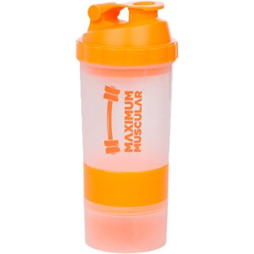 Protein Shaker Bottle By Maximum Muscular, Cup with Extra Storage Compartment for Powders &amp; Pills, Massive 20oz Capacity, Orange