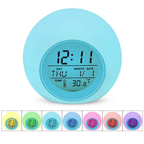 Kids Alarm Clock, Wake Up Light Digital Clock for Kids, 7 Colors Changing 8 Ringtones One Tap Control with Temperature Display for Kids, Children, Worker, Students